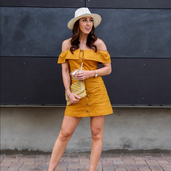 Express Dresses & Skirts - Express x Rocky Barnes Linen Cotton Mustard Yellow Button Front Dress Size S